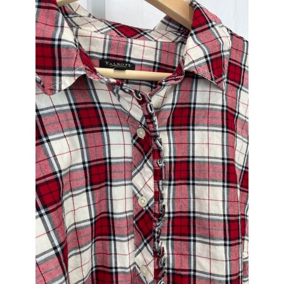 TALBOTS 2XP Petite Plus Plaid Button Up Ruffle Shirt Shimmer Flannel Red White - Picture 4 of 9